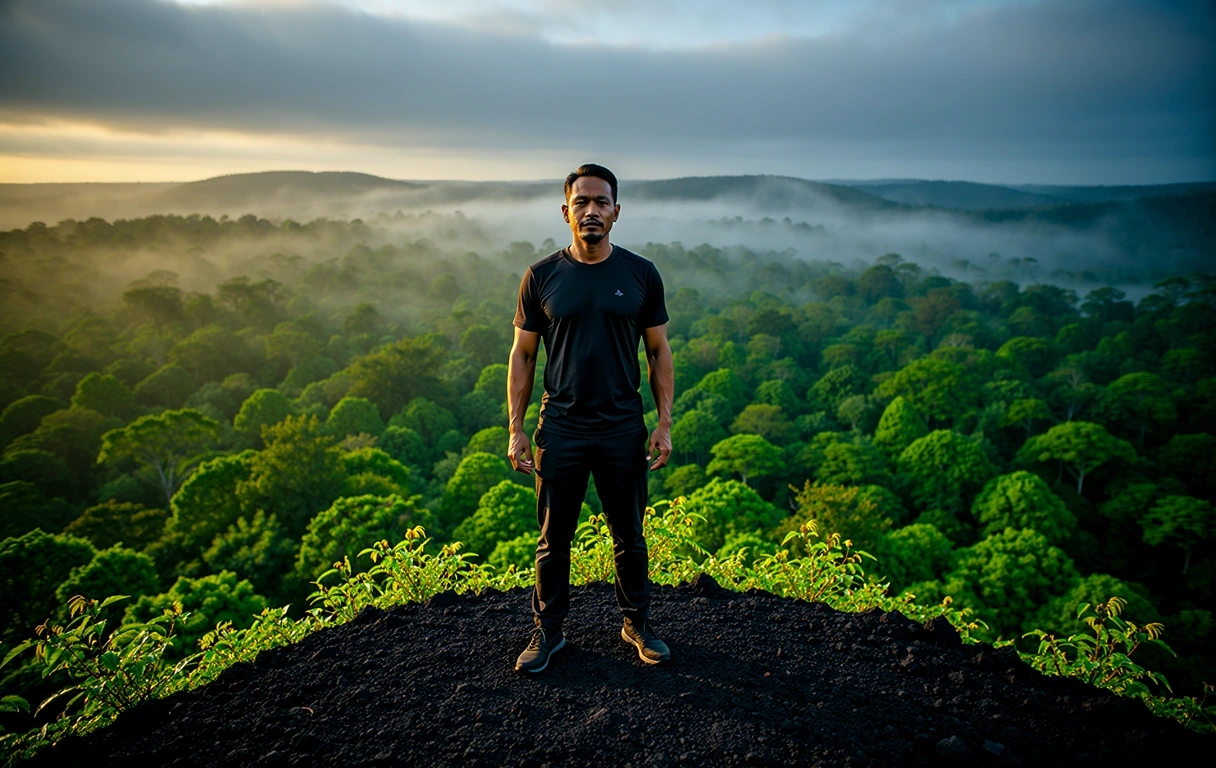 A man standing at the summit of a highland ridge in Indonesia